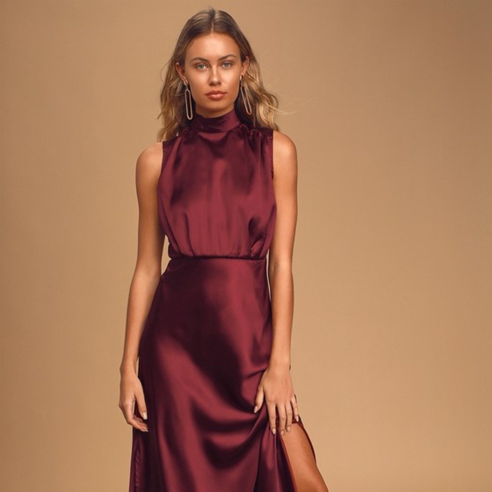 Classic Elegance Wine Satin Sleeveless Mock Neck Maxi Dress